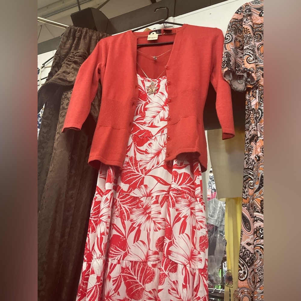 Floral dress and red sweater